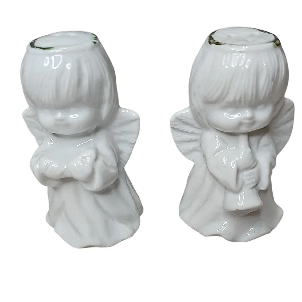 Vntg. Holiday Halo Angels Salt & Pepper Shakers, White Porcelain, Pre-Owned
